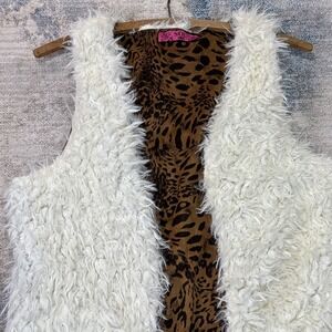Y2K Reversible Faux Fur Vest White Shaggy Leopard Print SOL RHR